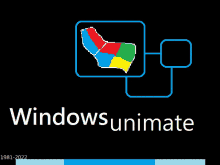 a black background with the words windows unimate and a map