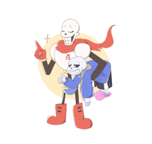 a cartoon drawing of papyrus carrying sans on his shoulders