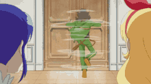 a cartoon character in a green outfit is standing in front of a wooden door