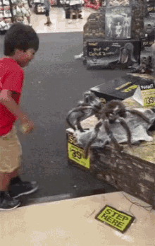 a boy is standing in front of a box with a spider on top of it and a sign that says step here