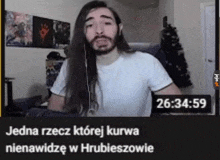 a man with long hair and a beard is sitting in front of a computer screen with a time of 26 : 34 : 59