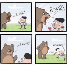 a cartoon shows a man holding a glass of wine and a bear roaring at him