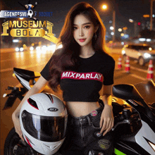 a woman wearing a black shirt that says mixparlay is standing next to a motorcycle