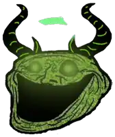 a troll face with horns and glowing green eyes