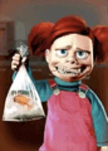 a cartoon doll is holding a bag of fish .