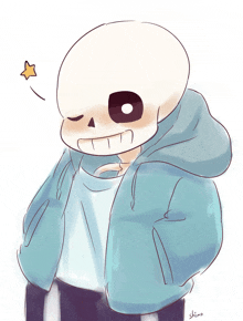 a drawing of a skeleton wearing a blue jacket with the name shino on the bottom right