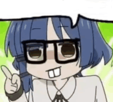 a cartoon of a girl wearing glasses and pointing her finger .