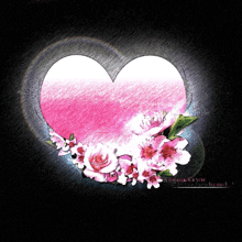 a pink heart surrounded by pink flowers on a black background with the words " thinking of you " underneath it