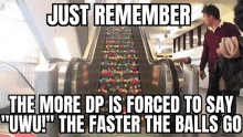 a man is walking down an escalator filled with balls with a caption that says just remember