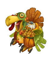 an illustration of a turkey with leaves and pumpkins on its back