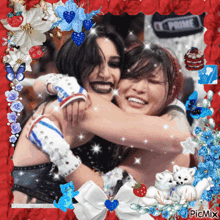 a picture of two women hugging each other with flowers and butterflies in the background