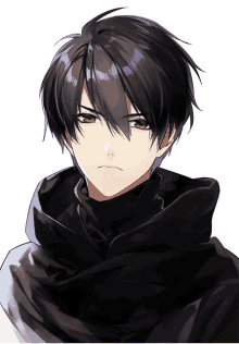 a boy with black hair and red eyes wearing a black hoodie