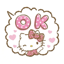 a hello kitty with a pink bow is surrounded by pink hearts and says ok