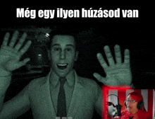 a man in a suit and tie stands in front of a microphone and says meg egy ilyen huzasod van