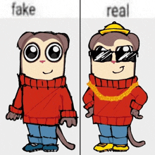 a fake and real drawing of a monkey wearing sunglasses and a sweater