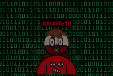 a cartoon character in a red hoodie stands in front of a binary background that says alb4life10 on it