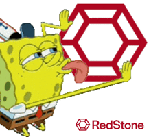 a cartoon of spongebob sticking his tongue out next to the redstone logo