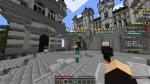 a screenshot of a minecraft game with a player standing in front of a building