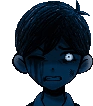 a pixel art drawing of a boy with blue hair and a white eye .