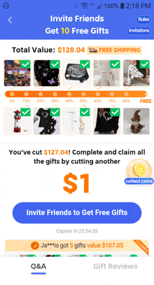 a screenshot of a app that says invite friends to get free gifts