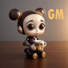 a cartoon character is sitting on a table holding a cup of coffee .