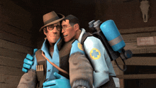 a man in a hat is hugging another man in a blue jacket with a cross on it