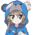 a pixel art of a girl wearing a blue teddy bear costume .