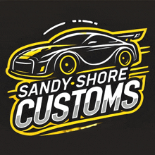 a logo for sandy shore customs shows a car on a black background