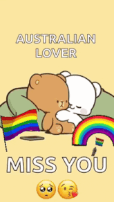 a cartoon of two bears hugging each other with a rainbow in the background and the words australian lover miss you