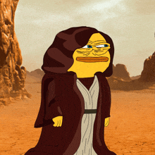 a yellow cartoon character wearing a robe and hood