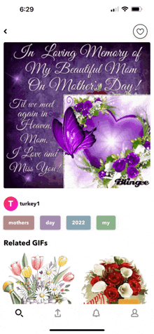 a mother 's day greeting card with a purple heart and flowers