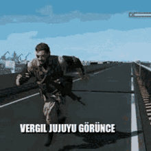 a man is running across a bridge with a gun .