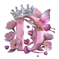 the letter d is decorated with pink flowers and butterflies and has a crown on it