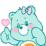 a care bear with a pink bow on its head waving