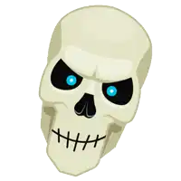 a cartoon skull with blue eyes and stitches in the mouth
