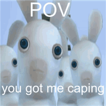 a group of stuffed rabbits are standing next to each other and the caption says pov you got me caping