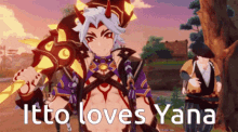 a video game character holding a sword with the words itto loves yana on the bottom