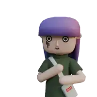 a cartoon character with purple hair is holding a white bag that says " walk alone " on it