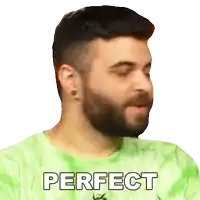 a man with a beard is wearing a green shirt that says perfect on it