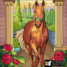 a coloring page of a horse with roses and columns and the words tap color pro on the bottom