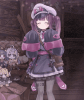a drawing of a girl with purple hair and a white hat