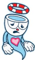 a cartoon cuphead with a life preserver on his head and a heart on his chest .