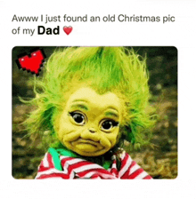 a picture of a baby grinch with green hair and a red heart on his head .