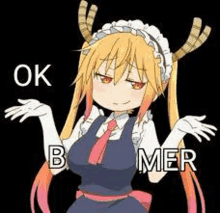 a cartoon girl with horns is making a funny face and says ok b mer .