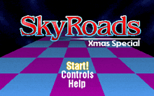 a purple and blue checkered background with the words skyroads xmas special