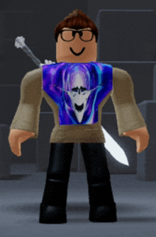 a roblox character with glasses and a purple shirt on