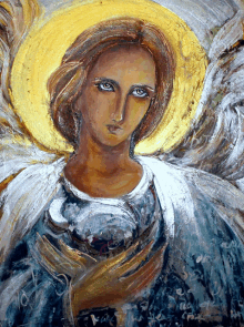 a painting of a woman with blue eyes and a gold halo around her head