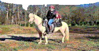 a woman is riding a horse in a field with trees in the background