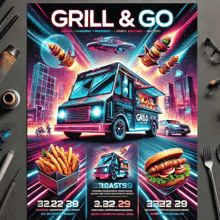 a poster for grill & go shows a food truck and a hamburger