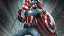 captain america holding a flag and a shield in front of an american flag